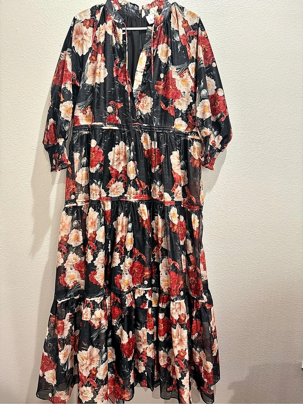 Dainty Jewells Floral Maxi Dress Size Large Puff Sleeve Ruffle Collar Like New